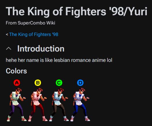 The SuperCombo wiki page for Yuri in King of Fighters '98. The Introduction reads "hehe her name is like lesbian romance anime lol" with her selections of palette directly below the description.