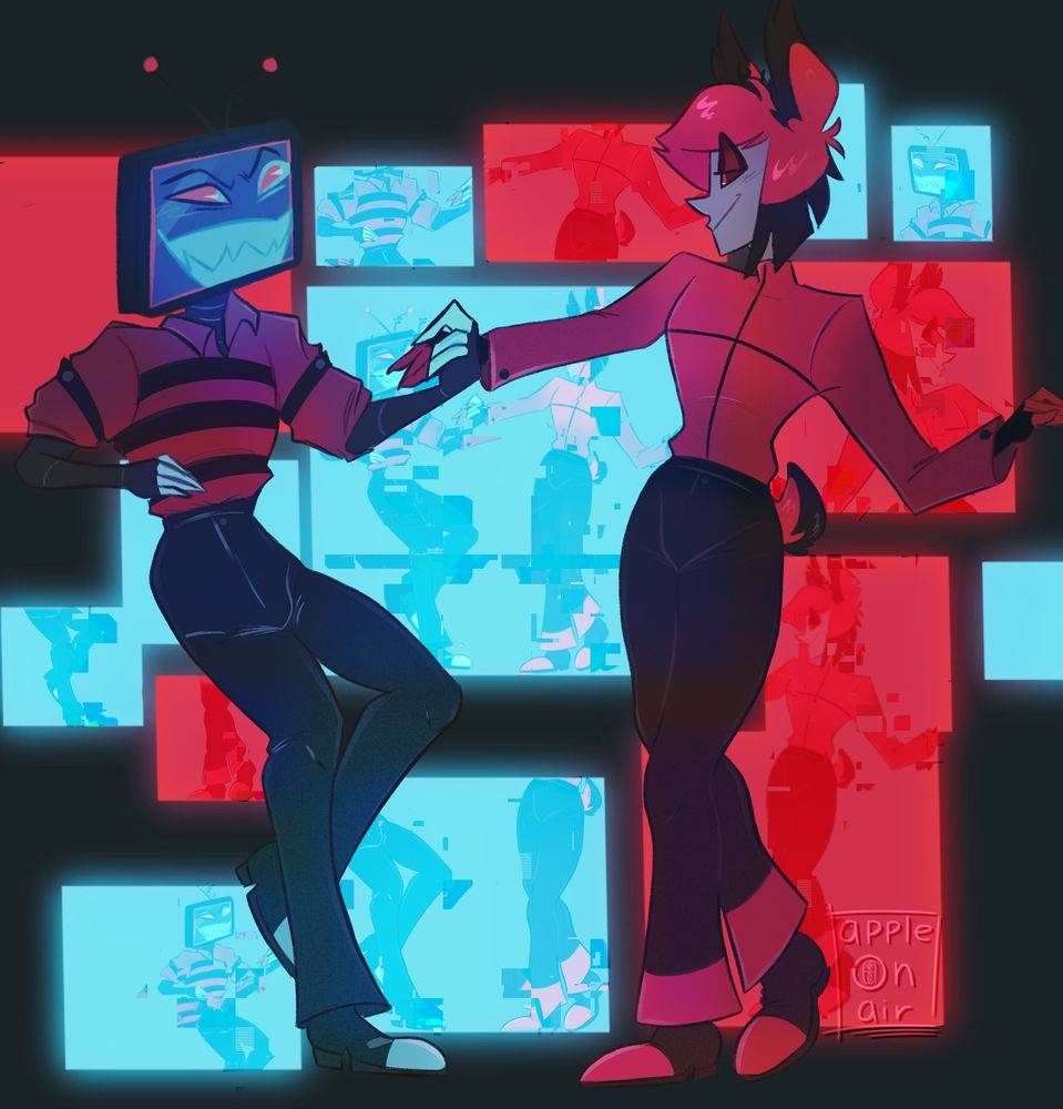 Alastor and Vox about to dance. Behind them is a bunch of TV’s that have them in it. 