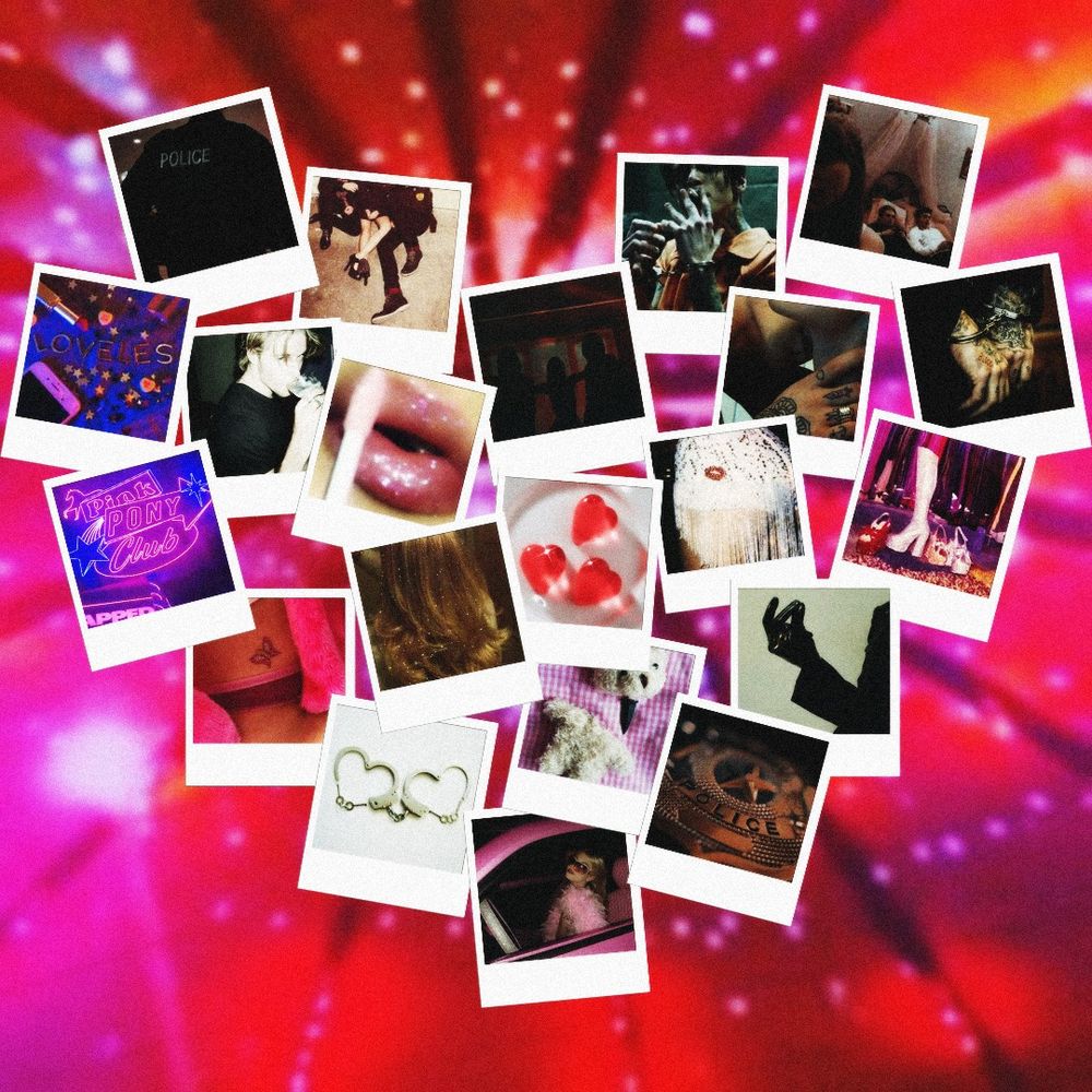Muchas polaroids colocadas en forma de corazón sobre un fondo muy brillante y rosado. Entre las fotos hay tres corazones, esposas en forma de corazón, el que parece un criminal esposado, un policía una chica vestida de formas provocaticas y muy rosada. También hay fotos donde están los tres una y otra vez.