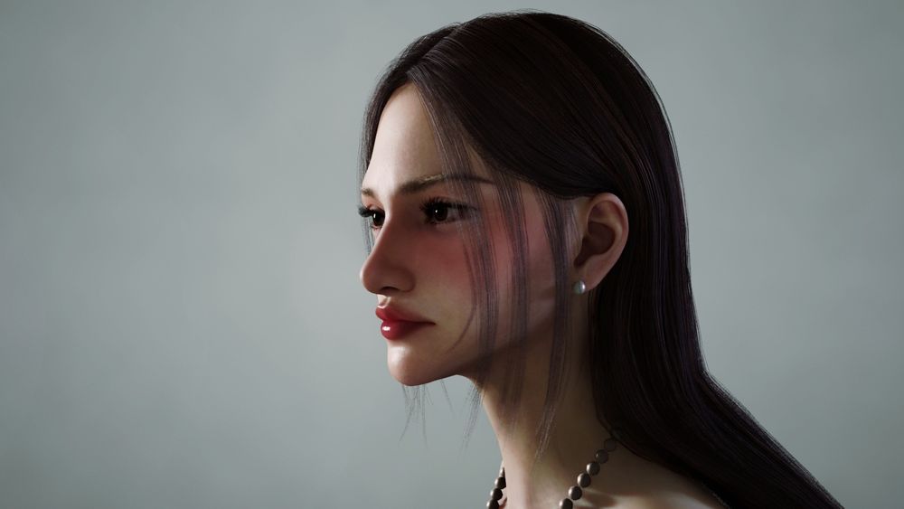 Un personaje de una mujer creado en el inzoi. Tiene la piel clara, el pelo largo y castaño, los ojos marrones, pestañas largas y rasgos muy armoniosos y bonitos. Se le ve un collar de perlas.