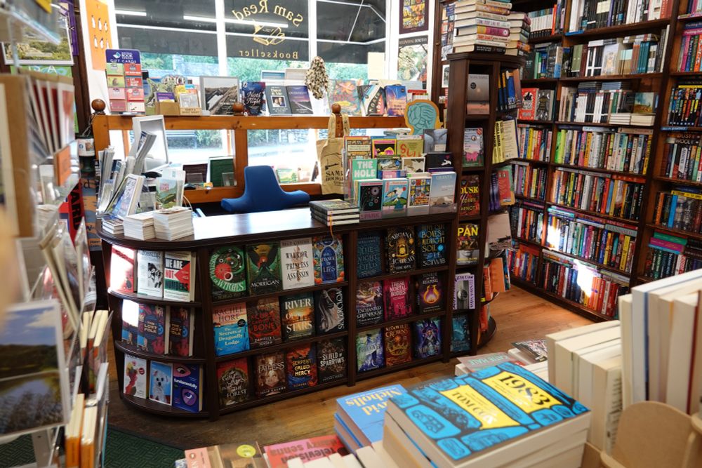 Bright book covers on display on the bookshop desk