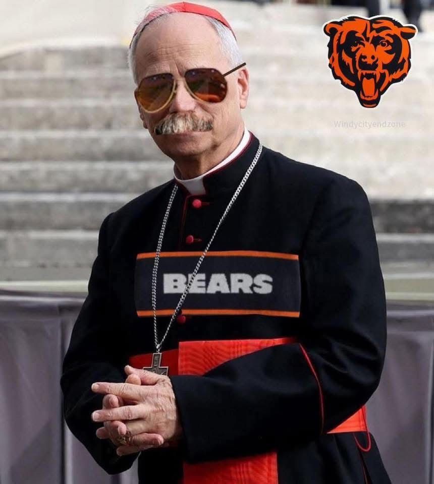 The new pope dressed in a cassock that has a Bears logo and also sunglasses and there is Chicago Bears logo in the corner of the image