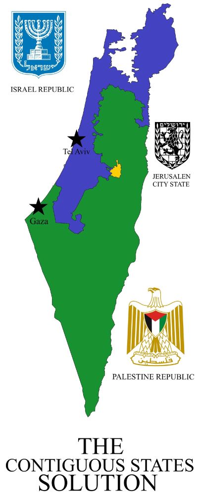 Map of Israel/Palestine described as "The Contiguous States Solution" with an "Israel Republic" in the north, a "Palestine Republic" in the south, a "Jerusalem Free State", and the Galilee partitioned.