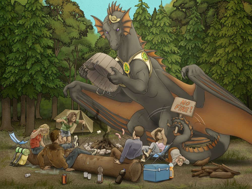 a dragon is a forest ranger that just extinguished a fire