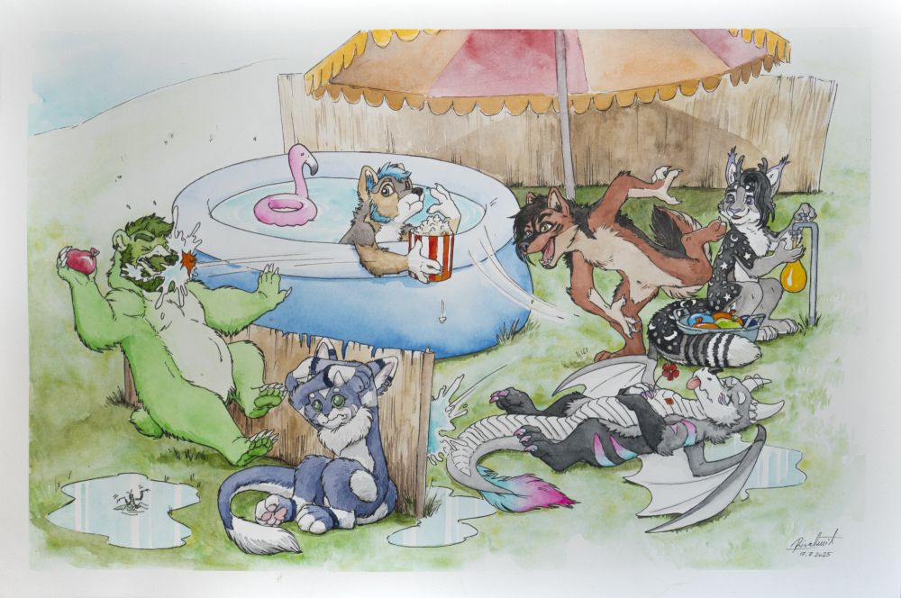 a group of furries playing a game of waterbaloon war