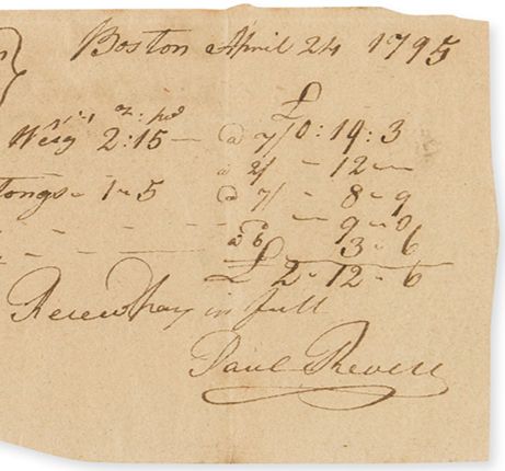 Receipt dated April 24, 1795 in Boston showing a column of dollar amounts and Paul Revere's signature
