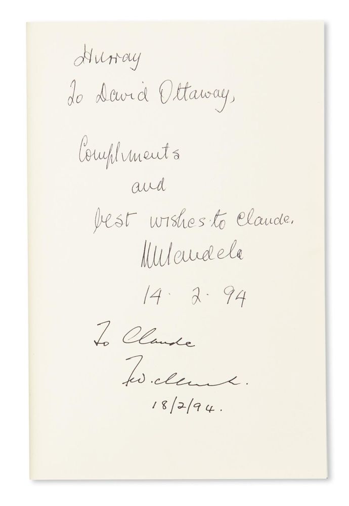 Blank page from David Ottaway's book, _Chained Together_, signed and inscribed to him by Nelson Mandela and F.W. de Klerk.