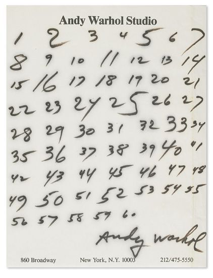 Numerals from 1 to 60 arranged in a grid and signed by Andy Warhol.