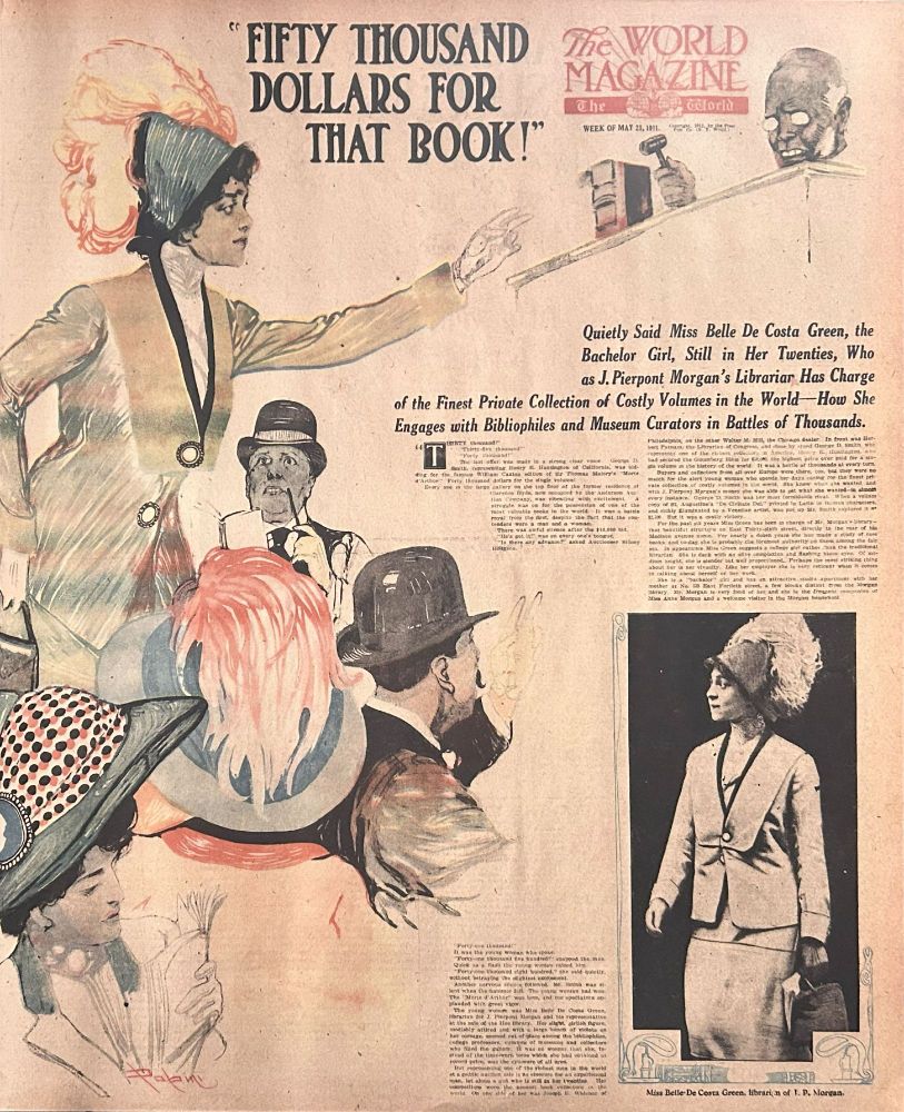 Article from _The World Magazine_ issued May 21, 1911, showing Belle da Costa Greene at an auction bidding $50,000 for a book.