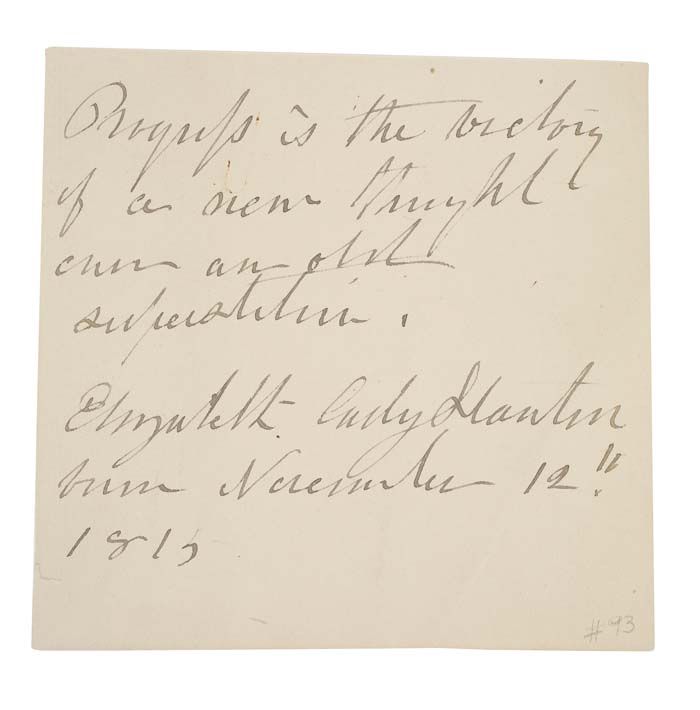 Quotation written in the sharply angled script of Elizabeth Cady Stanton on a slip of paper.