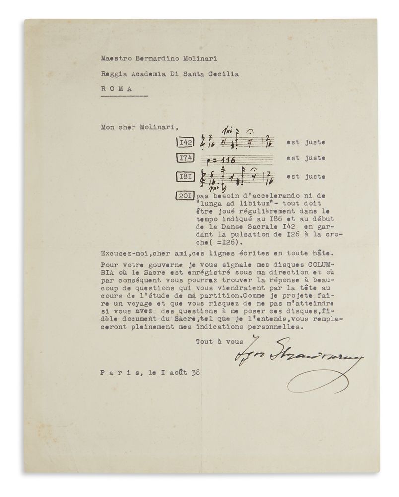 Letter typed and signed by Igor Stravinsky illustrated with three autograph musical quotations.