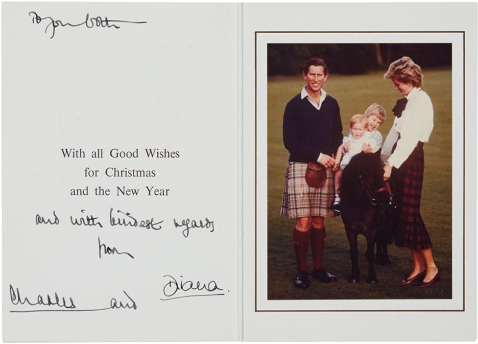 Christmas card showing photograph of Princess Diana and Prince Charles standing beside a pony being ridden by their children. The printed greeting is signed by the Princess and Prince. 