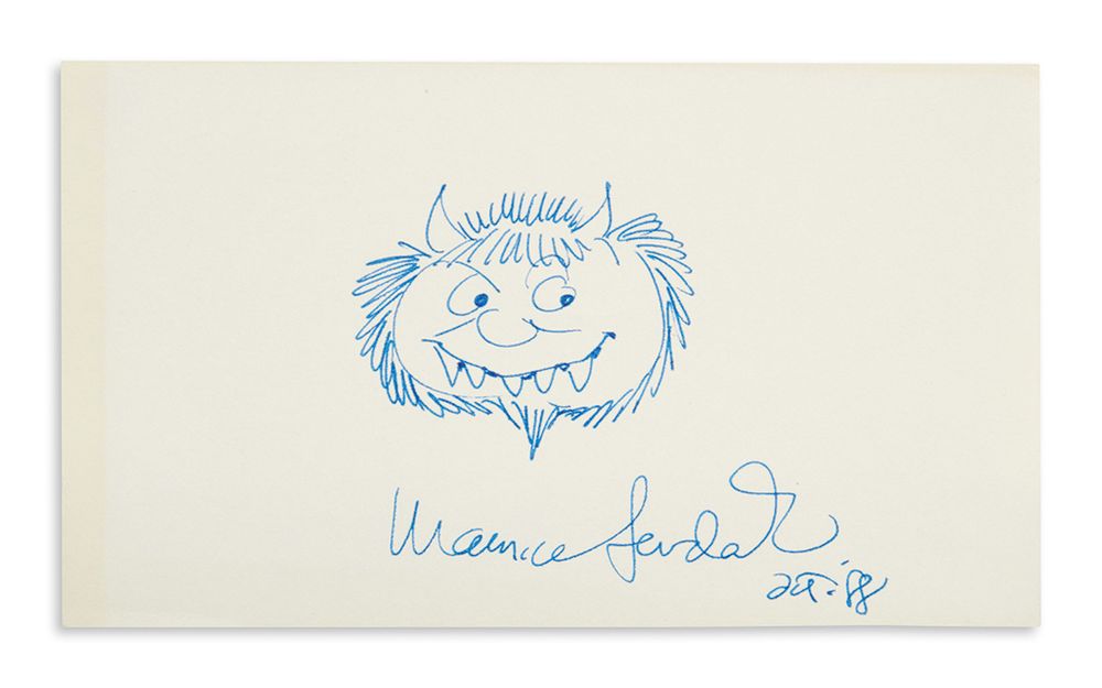 Cartoonish sketch of the head of a horned monster showing large, sharp teeth: A "Wild Thing" by Maurice Sendak.