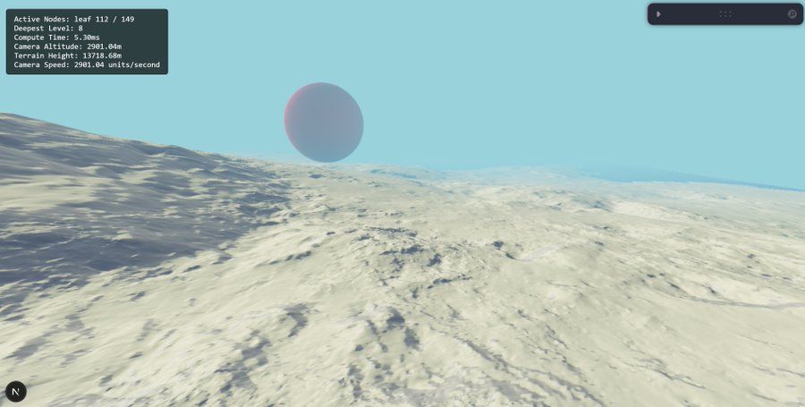 A procedural terrain scene with fog implying large scale, with a large 10km red sphere in the distance