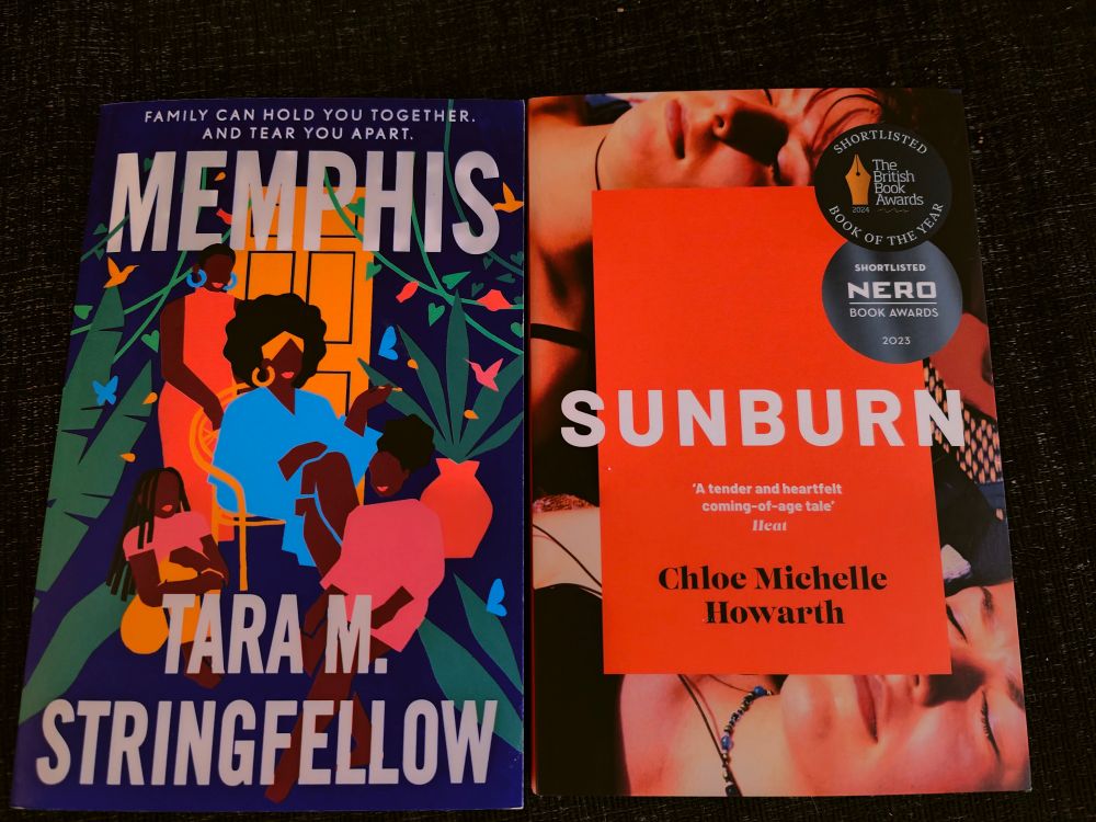 A picture of two books, Memphis by Tara M Stringfellow and Sunburn by Chloe Michelle Howarth, on a black backgrund 