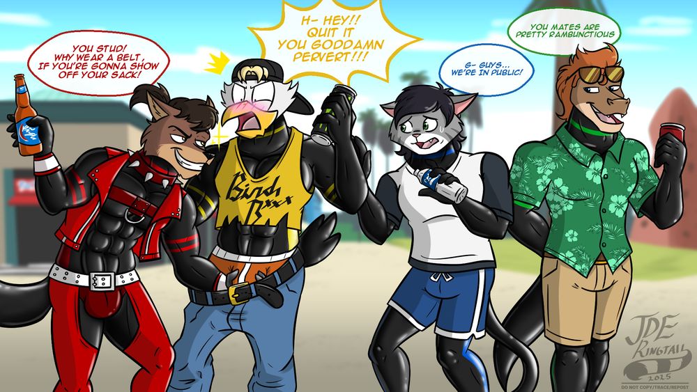 Logan, the wolf, grabs the crotch of Johnny, the seagull, who recoils in surprise. Kyle, the cat, tries to calm them down. Tristan, the lizard, just looks on in amusement.
