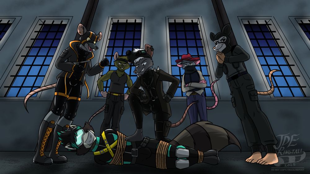 The Buckler, tied up and gagged, on the ground. Smugly standing over him is Mutt. And surrounding them are Squire, Joe, Henry, and Monroe. All part of a rat gang.