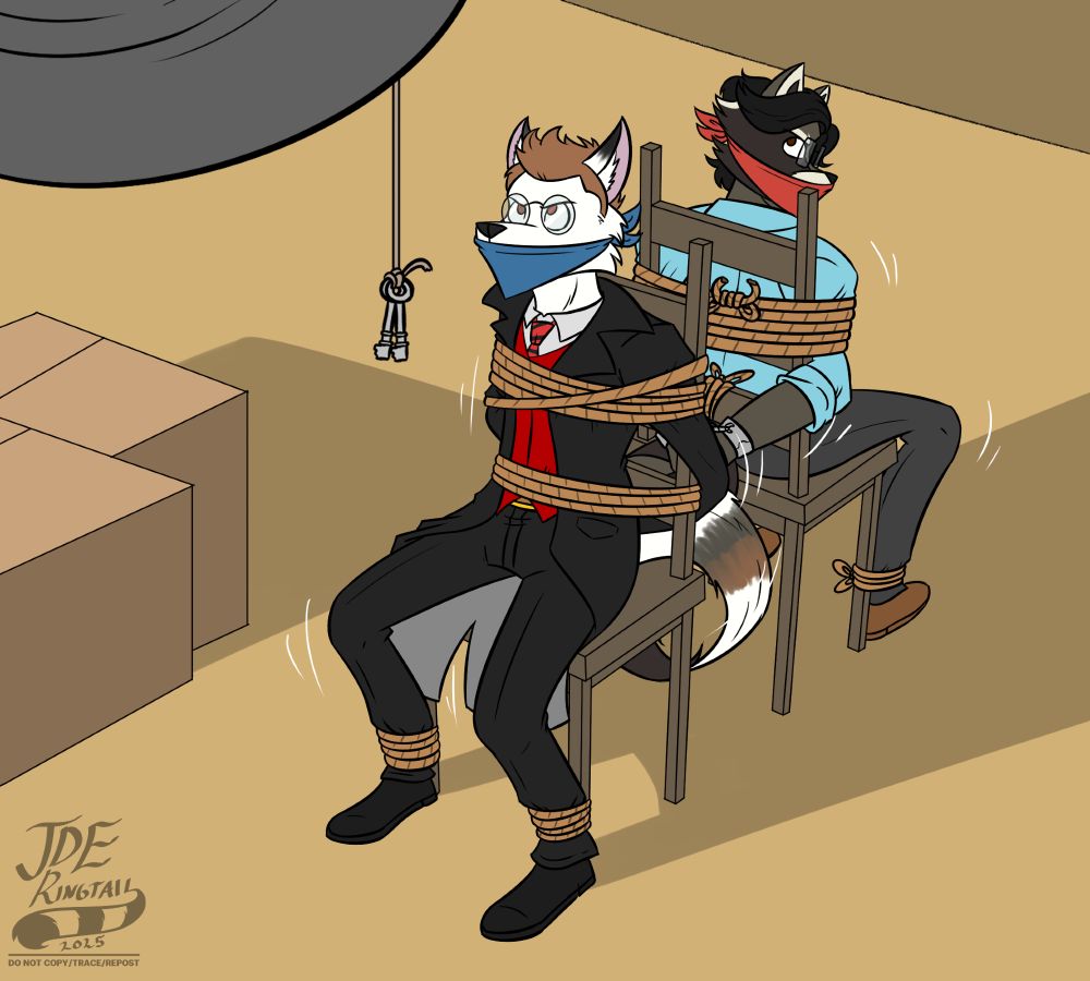 Jake the arctic fox and JDE the raccoon, tied back to back with rope on chairs. Both their wrists handcuffed as well. Both staring at the keys to their cuffs which have been tied to the string of the hanging light.