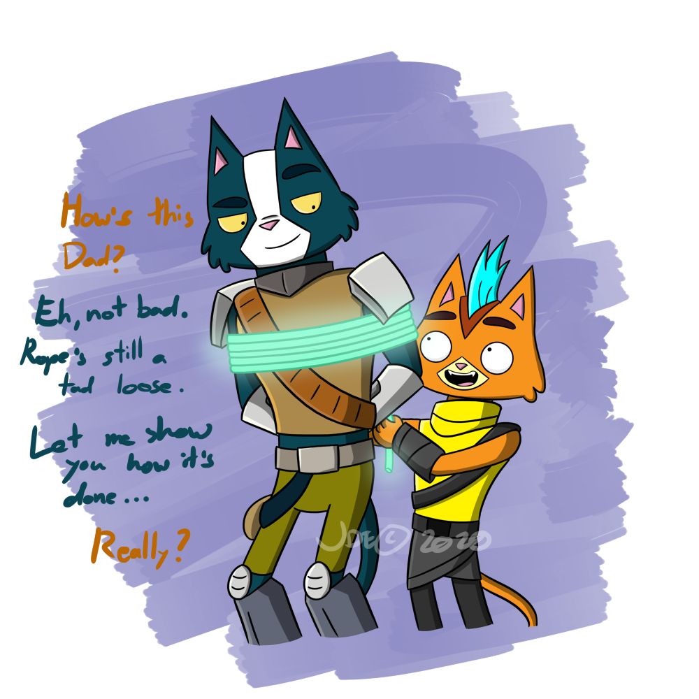 Avocato being tied up by Little Cato. Which he comments on his rope-tying skills.