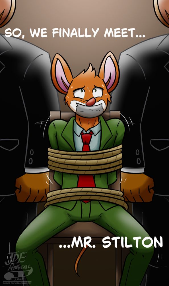Geronimo Stilton, bound with rope to a chair, and tape gagged, shivers while gazing at an unseen speaker. Two burly guards stay by his side.