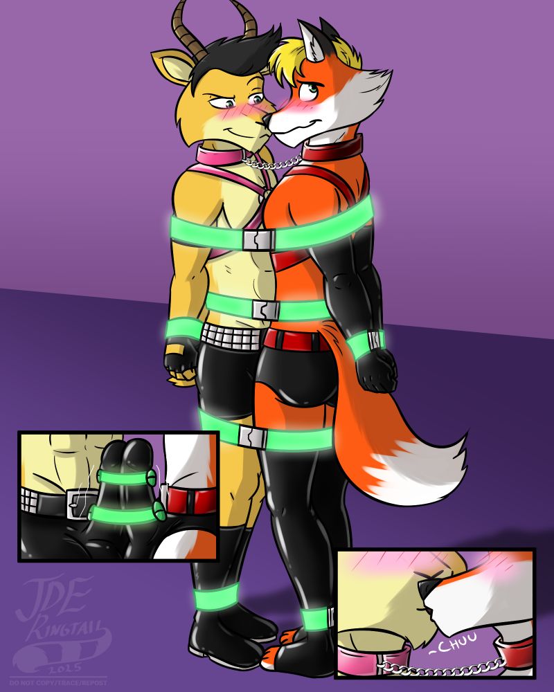 Kenny the impala, and Kei the Fox, bound together with magnetic glowing belts with a chain linking their collars together. Inset pics show their erections bound with vibrators, and both of them kissing.