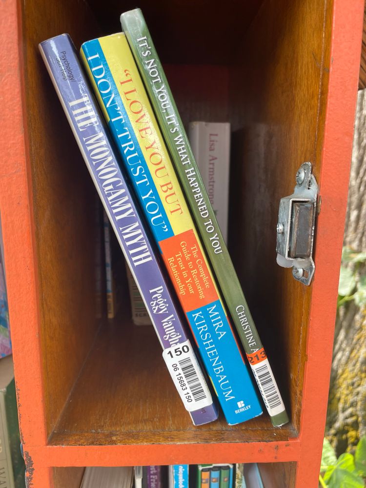 Three books:
- The Monogamy Myth
- “I Love You But I Don’t Trust You”
- It’s Not You, It’s What Happened To You 