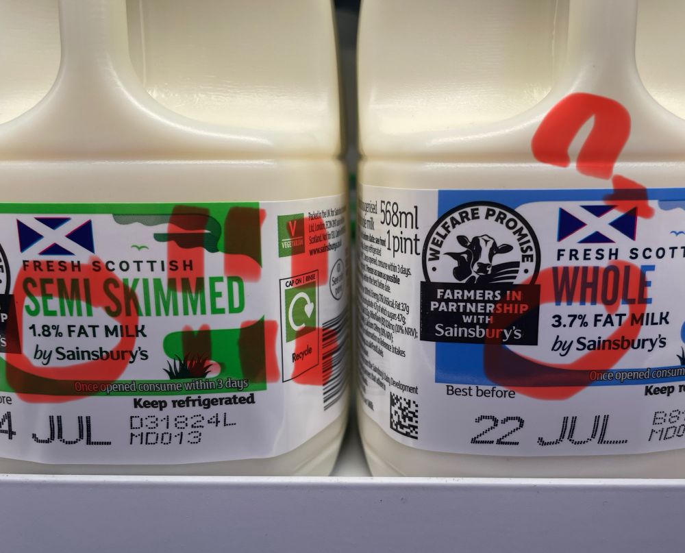 Two Scottish milk jugs, one a jaunty 1.8% and the other an unhinged 3.75%!  THINK OF THE MATHEMATICAL POSSIBILITIES 