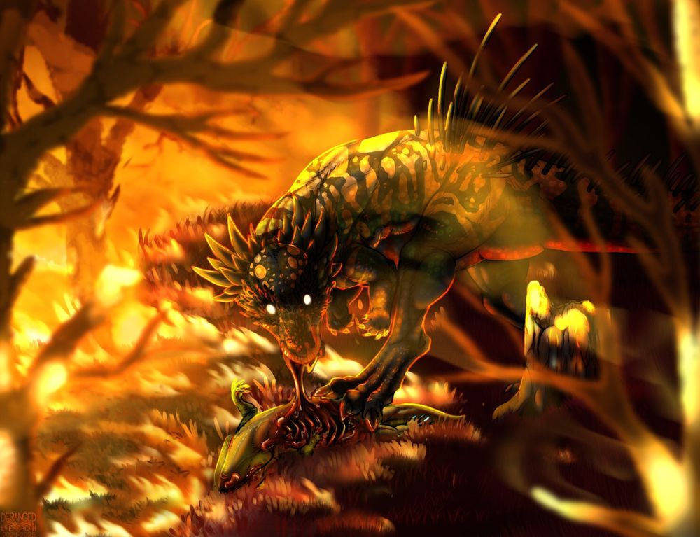 A pachycephaleosaurus dinosaur with gila lizard markings scavenges/predates on a small lizard that was unable to flee the forest fire line that rages ahead of the dinosaur 
