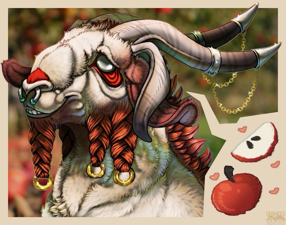 A white phooka (goat) with rusty red braids on cheeks and chin, red mane, and red ears looks 3/4ths to the left and thinks of apples