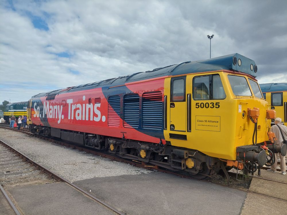 "So many trains" written on a Class 50.