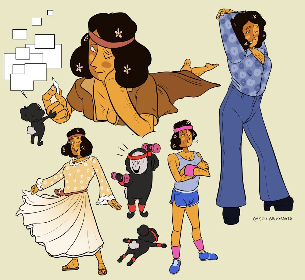 A collection of lined and coloured images of Thespius Green and Click Clack from Great God Grove. Most of the images are of Thespius in different outfits, with two showing Click Clack in 70's workout gear.