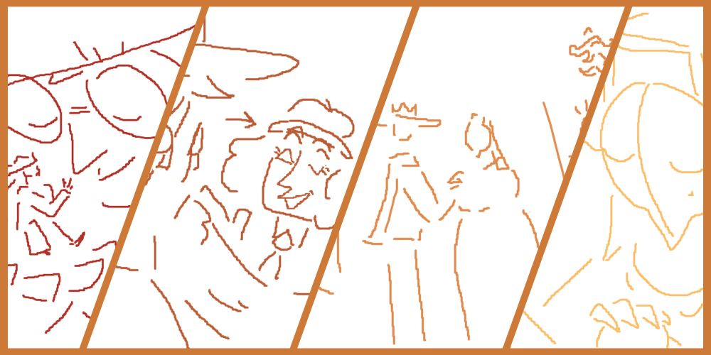 A cut off four panel "comic" featuring king as a god holding Razzma, Thespius speaking to King, King and Mitternacht holding hands as Huzzle Mug peeks in, and Miss Mitternacht looking at peace.