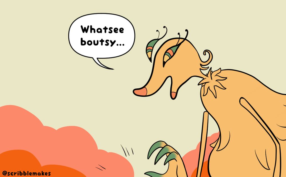 Huzzle Mug looks down and says "Whatsee boutsy..."