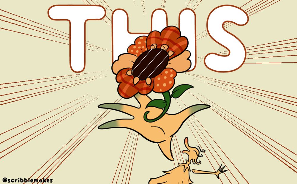 Huzzle holds up a patterned flower that looks like a stringed instrument with 3 strings