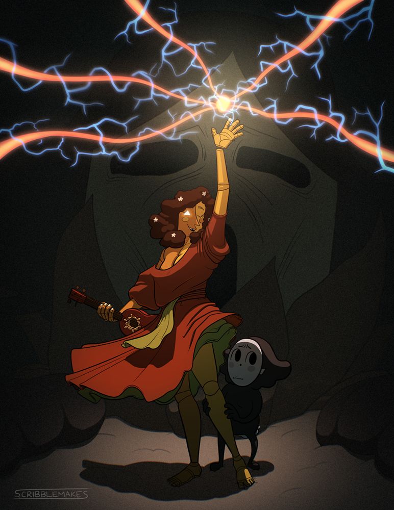 An illustration of Thespius, Click Clack, and Cobigail from Great God Grove. It references Ghostbusters with Thespius in in a costume from the movie and Cobigail replacing the Stay Puft Marshmallow Man. Thespius is holding his hand up to sit below five beams combining into one point, with Click Clack grabbing his leg and Cobigail being lit dimly behind him.