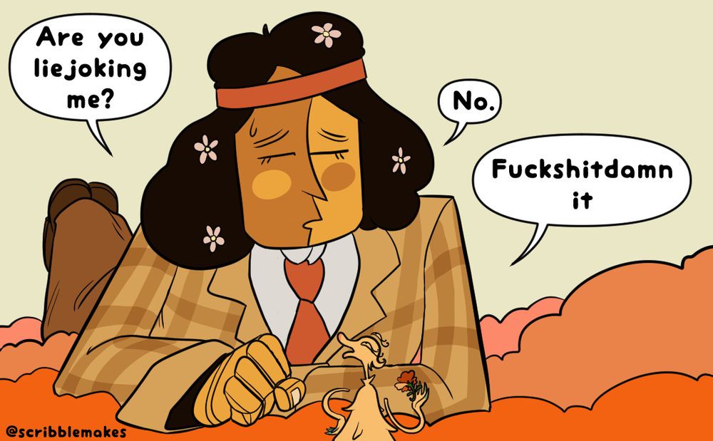Huzzle turns back to Thespius and asks "Are you liejoking me?". He replies "No.", it ends the page by saying "Fuckshitdamn it".