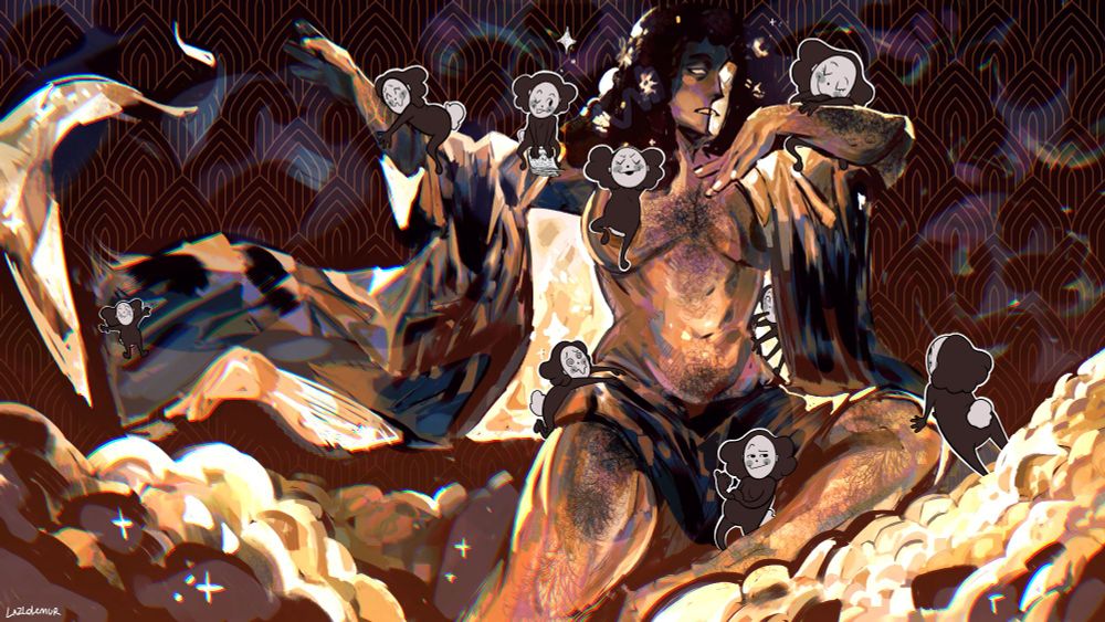 A painted illustration of Thespius Green from Great God Grove. He's posing seductively with his torso exposed and draping cloth around him, sitting on clouds. Around him are several Click Clacks drawn in a cartoonish style added on top like stickers.