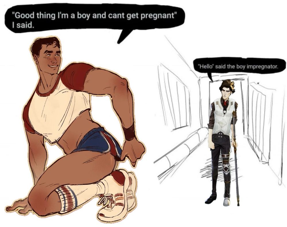 toto's beautiful art of jayce in slutty shorts and a crop top edited onto a meme format that has a speech bubble saying [good thing i'm a boy and can't get pregnant" i said.]

viktor behind him in the doorway from the original meme, with the speech bubble ["hello" said the boy impregnator.]