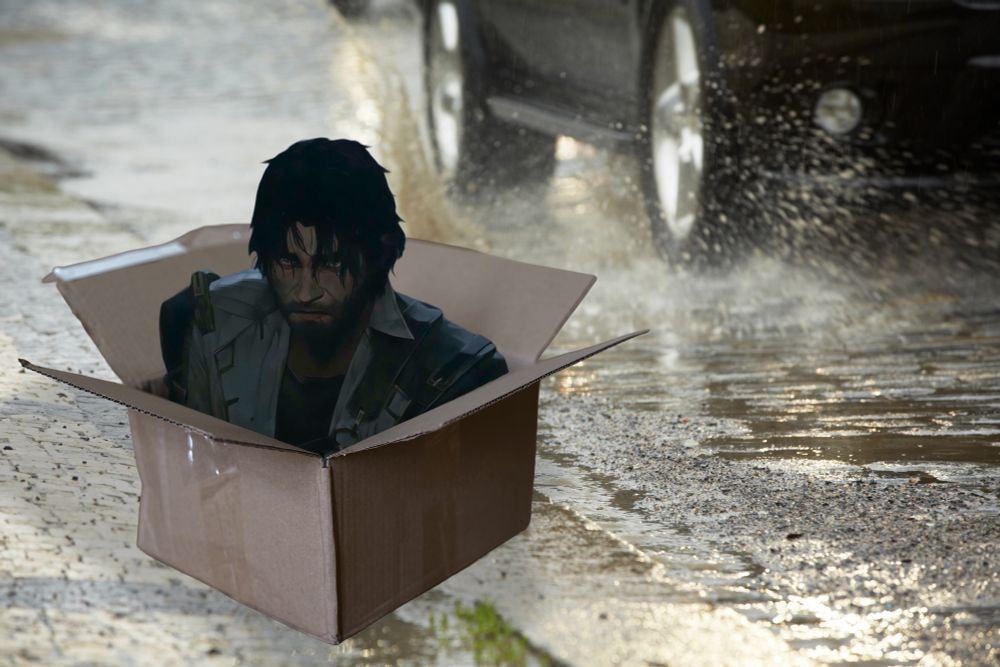 image of jayce from the quoted post looking like a sad wet cat after he made it out of the ravine in the alternate universe and was about to climb up the hexgates to find the mage. he is edited to be inside of a cardboard box on the side of the road, and it is rainy and wet. there is a car splashing some water up from a puddle in the road as it drives by.