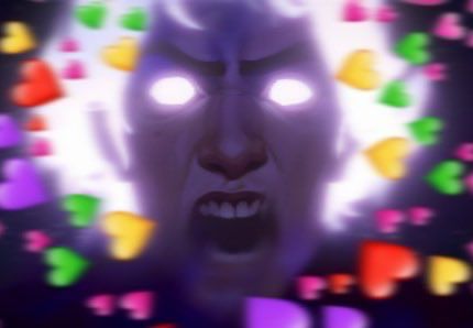 astral plane viktor with glowing white hair and glowing white eyes screaming. he is surrounded by multicolored hearts.