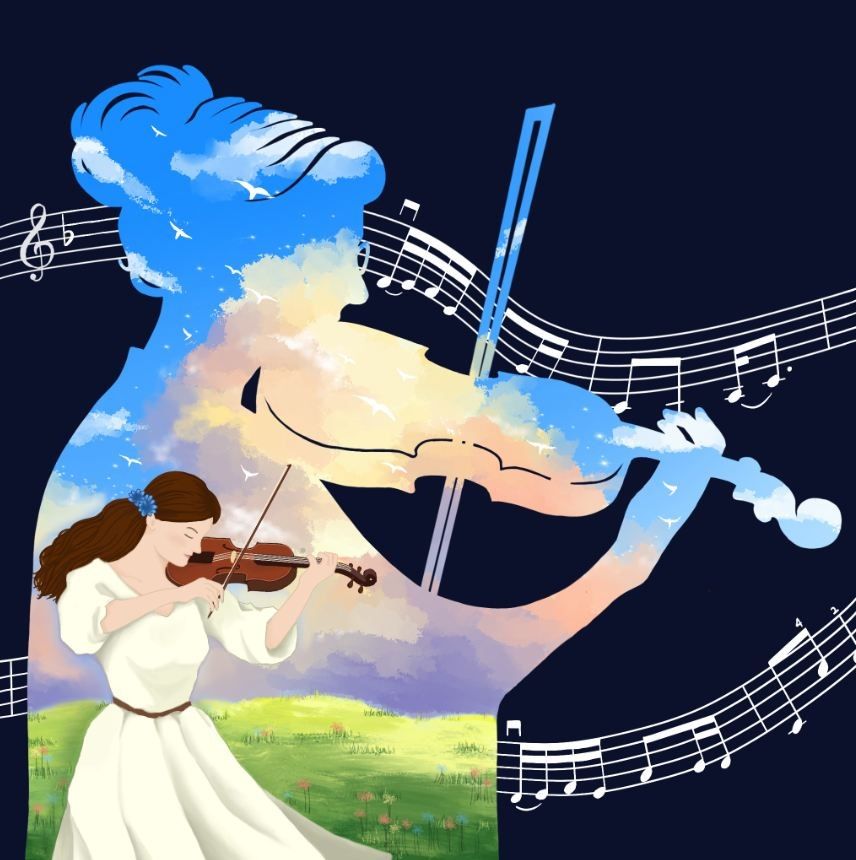 An older violinist stands in silhouette, while her younger self plays within, symbolizing how lifelong musical training preserves youth-like brain function. Just as melodies transcend time, playing music holds back age-related neural upregulation, supporting better speech perception in older musicians. Credit: Mohan Yuan (myuan@research.baycrest.org), CC-BY 4.0