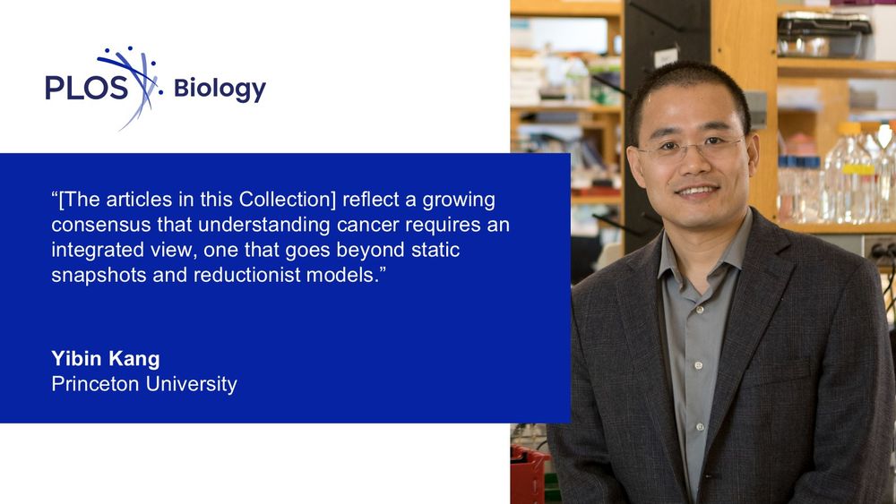 The image features a quote from Yibin Kang of Princeton University emphasizing the need for an integrated approach to understanding cancer, displayed alongside the PLOS Biology logo and a photograph of Yibin Kang.