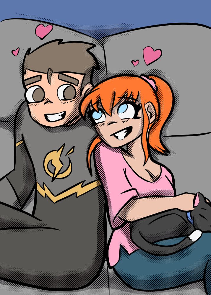 a couple sitting on a couch. a man in a superhero costume and a woman with orange hair and a pink top with denim jeans.  a black cat with a bit of white on her tail sleeps in the woman's lap.  The man and woman are clearly in love with each other.