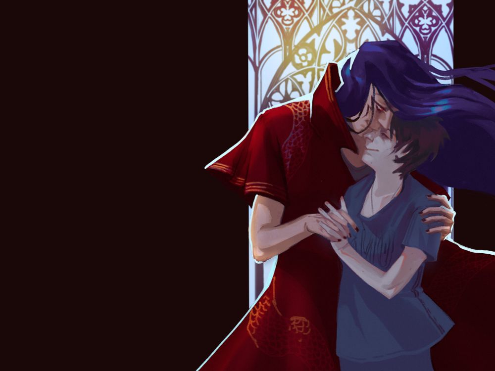 Al hugging Viir, behind them — a stained glass window.