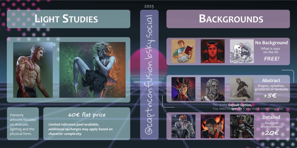 Image of commission tiers.
Left:
LIGHT STUDY
Painterly artwork focused on dramatic lighting and the physical form.

60€ flat price
Limited reference pool available,
additional upcharges may apply based on character complexity.

Right:
BACKGROUNDS
NO BACKGROUND (what it says on the tin):  free!
ABSTRACT (shapes, splashes, gradients or textures): +5€
– This is the default option, you need to specify if you want something else.
DETAILED (realized environments): +20€
