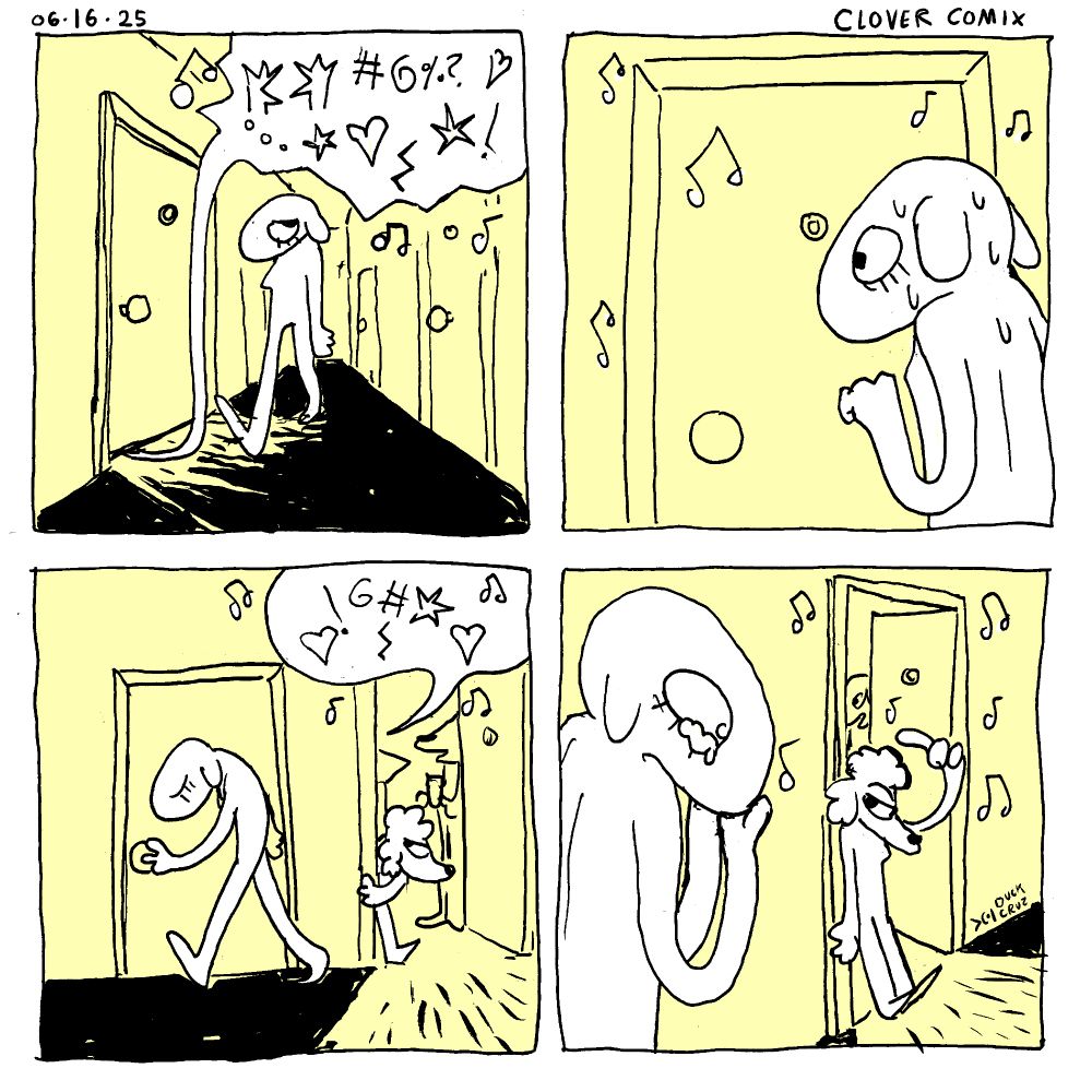 A four panel comic titled Clover Comix dated 06-16-25

First Panel: Clover, an anthropomorphic dog, is walking in an apartment building’s hallway. She looks sadly at the speech bubble of party noises coming from one of the apartment doors.

Second Panel: Clover stands before the door and hesitates to knock.

Third Panel: Clover walks away dejected and goes to enter her apartment next door. Her neighbor’s door opens as her neighbor pokes her head out. Party attendees are seen chatting behind the neighbor.

Fourth Panel: The neighbor invites Clover in. Clover holds her own face and cries. Duck Cruz signature in bottom right side of the panel.