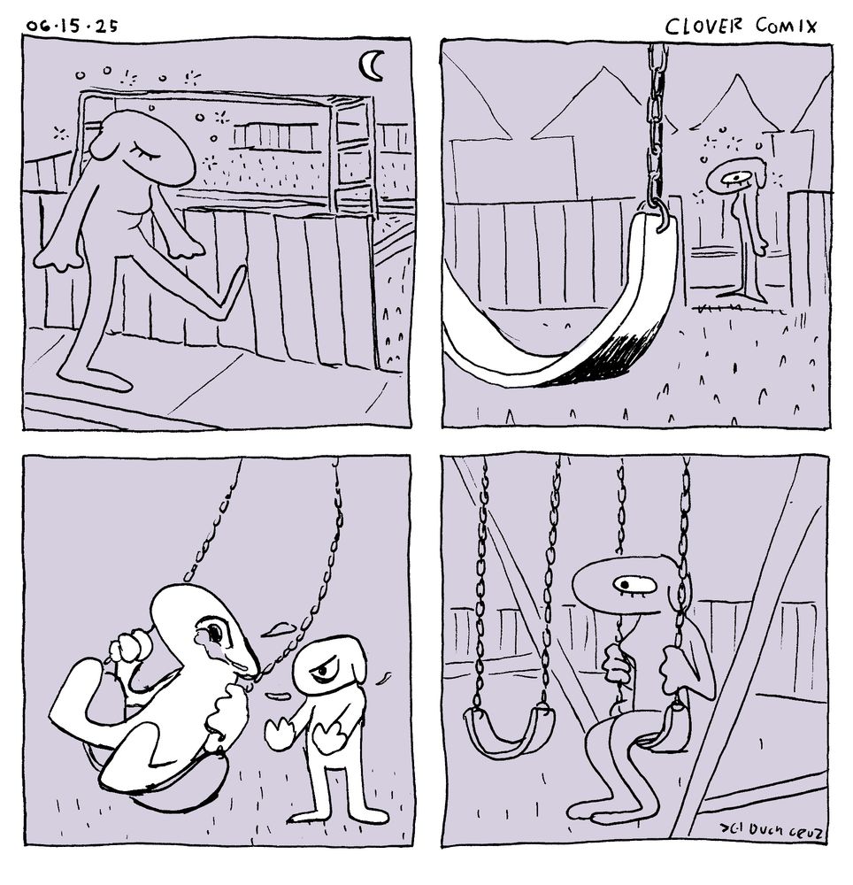 A four panel comic titled Clover Comix and dated 06-15-25

First Panel: Clover, an anthropomorphic dog, is walking along a sidewalk at night while drunk and passes a playground.

Second Panel: a swing set is illuminated and takes up most of the panel. Clover looks at it.

Third Panel: a young Clover is being pushed on a swing by her brother. Clover is crying and looks distraught while her brother looks annoyed.

Fourth Panel: Adult clover sets motionless on the swing set, seemingly lost in thought.