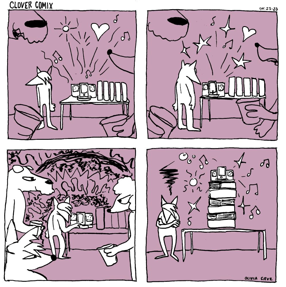 A four panel comic titled Clover Comix and dated 04-25-25

First Panel: A sharp dog man stands next to a table with a speaker playing music and a phone to it. Bright and poppy graphics are emanating from the speaker. Books sit on the table and in the foreground, faceless party patrons converse with each other.

Panel Two: The sharp dog man turns to look at the phone in the speaker dock.

Panel Three: The dog man has interfaced with the phone and the poppy graphics coming from the speakers have changed to sad and morose looking lines. The party attendees in the foreground have turned to frown at the dog man.

Panel Four: The dog man is stewing with arms crossed next to the speaker which has now been placed out of his reach ontop of the stack of books that were on the table.