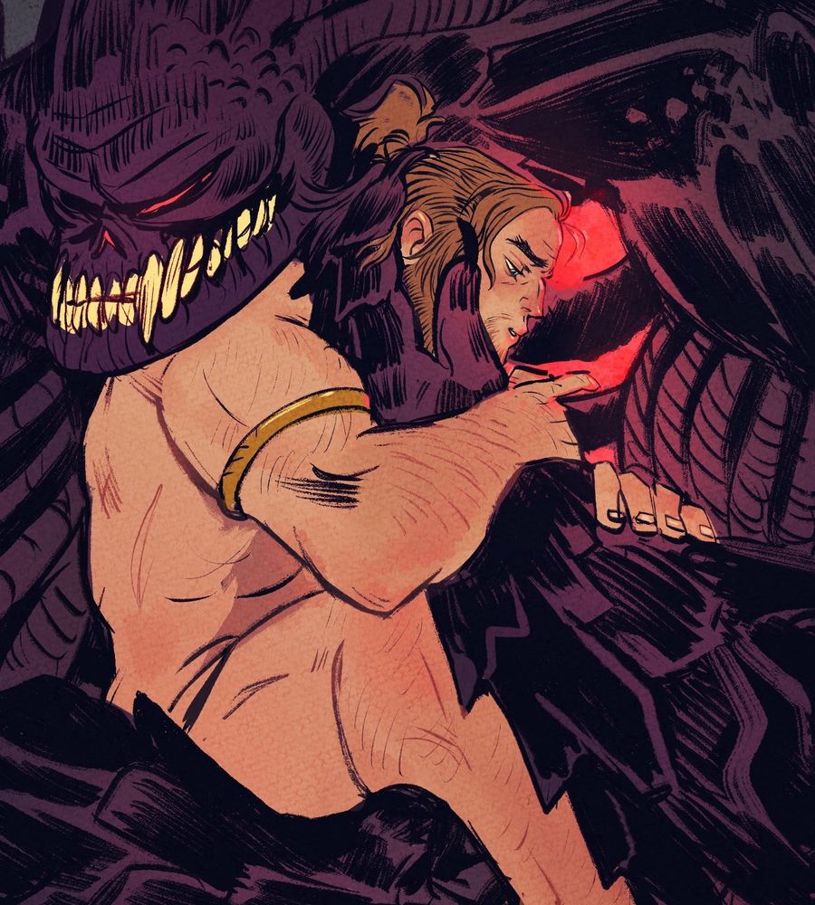 Unshaded and higher contrasted version of previous GrendelWulf drawing. Beowulf, bare and vulnerable, curls up in a tired Grendel’s arms)