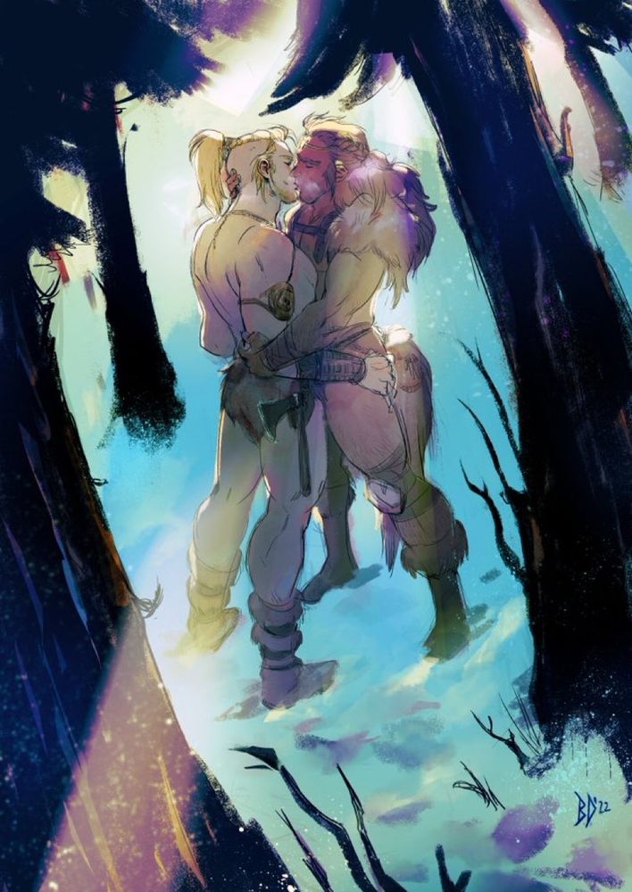 Finished piece (from previous WIP post): view from between the snowy pines, of Barbarians Hati and Skol kissing, doused in a warm ray of light.